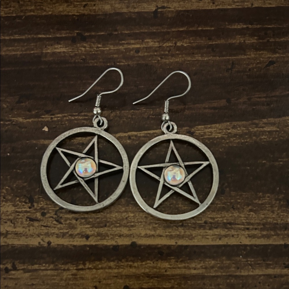 Pentagram Silver Star Earrings with Opalescent Center